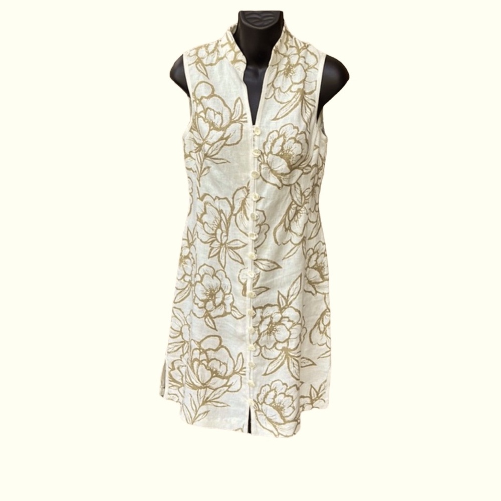 WORTH sleeveless ivory & olive linen dress, 2P, EUC